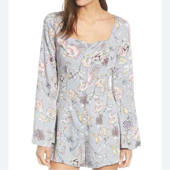 Love Fire Pants - Love Fire Floral Long Sleeve Romper Gray and Pink Size Medium NWT